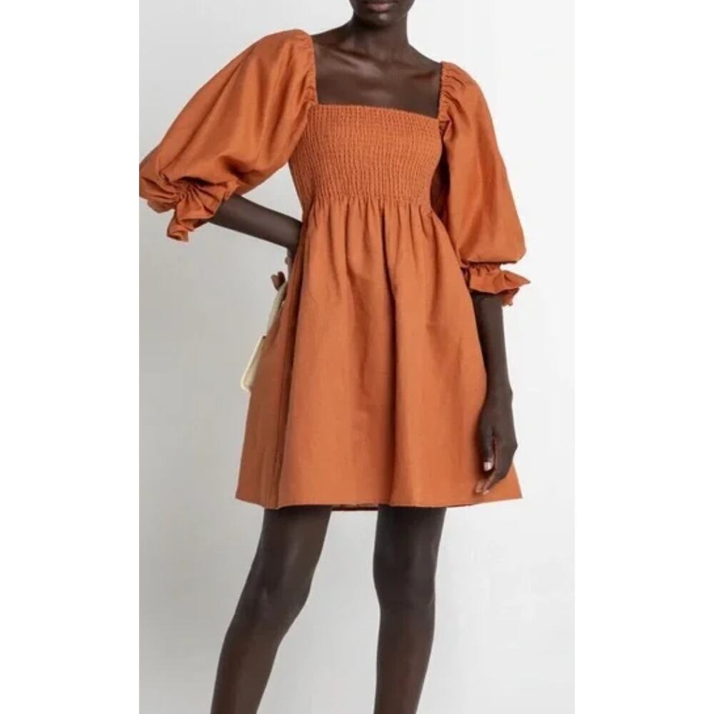 Kourt Portia Smocked Mini Dress Puff Sleeve Rust burnt orange Size Small
